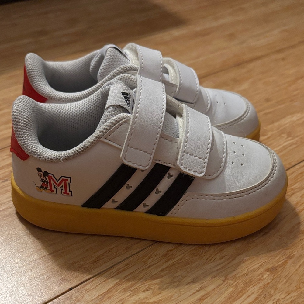 adidas + Disney Kids White Sneakers with Yellow Soles and Black Accents